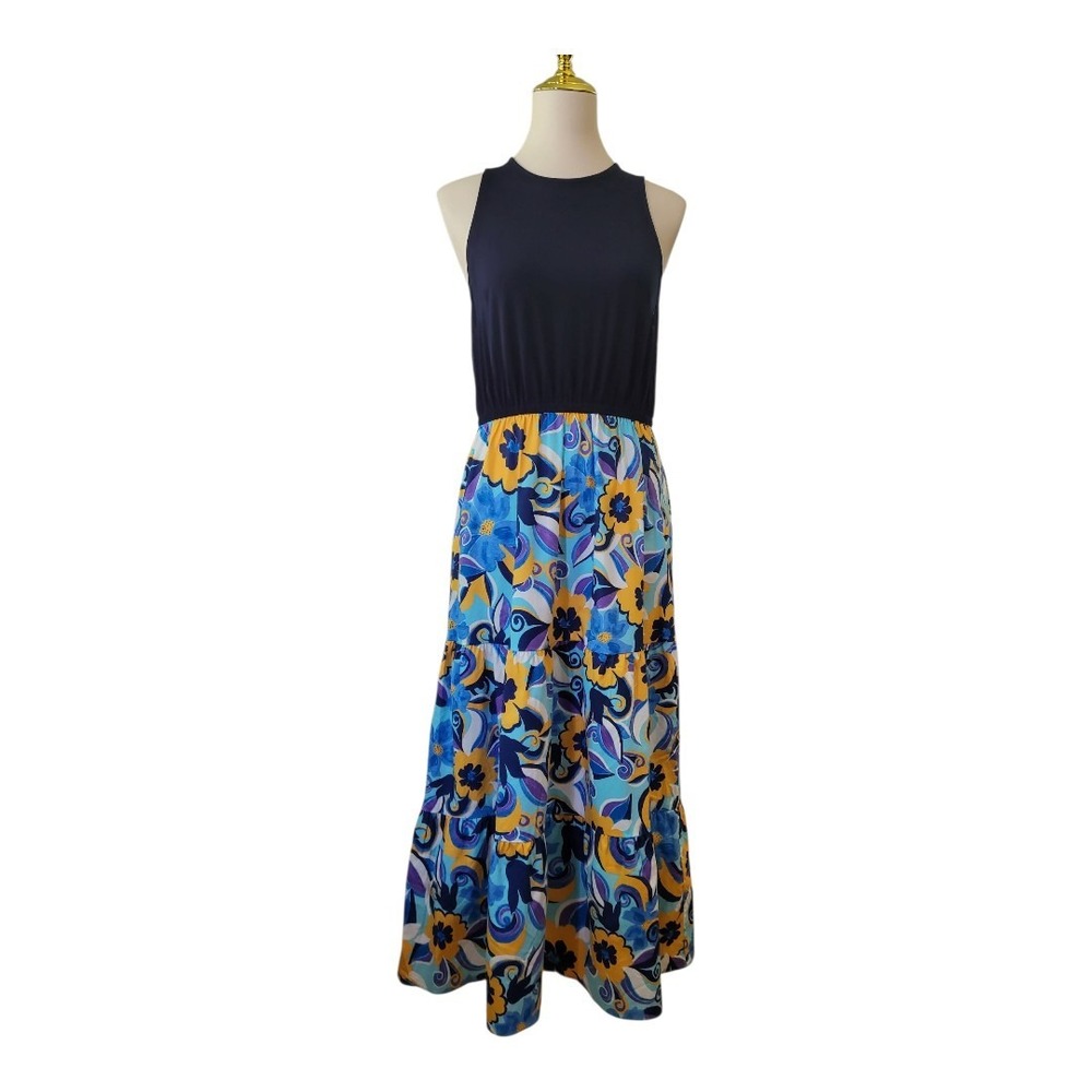 Donna Morgan‎ Sleeveless Maxi Dress Size 10 Navy Blue Floral Boho Cotton Blend